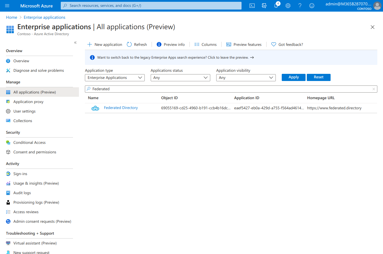 Add Federated Directory to Entra ID Enterprise Applications