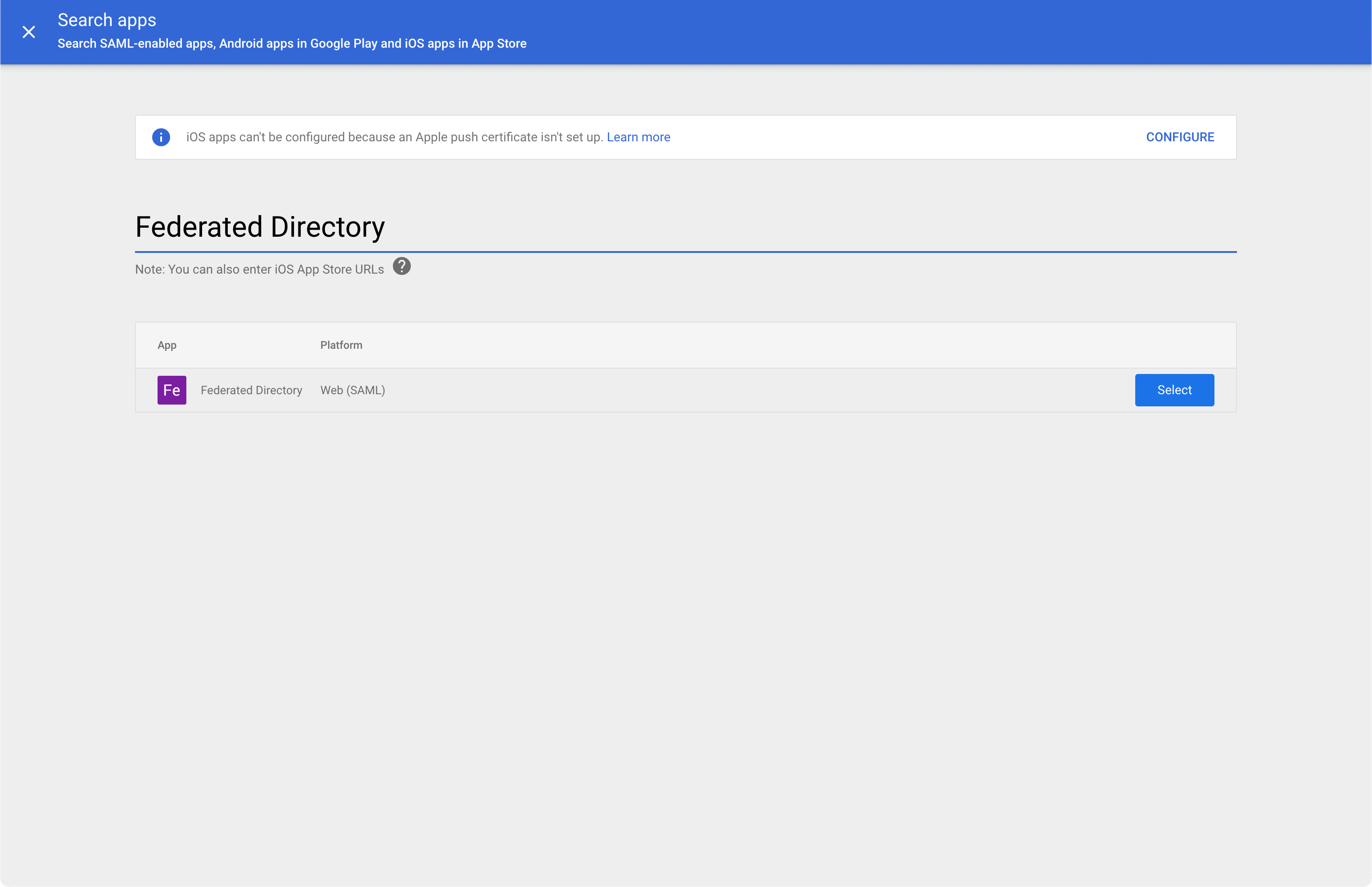Selecting Federated Directory app