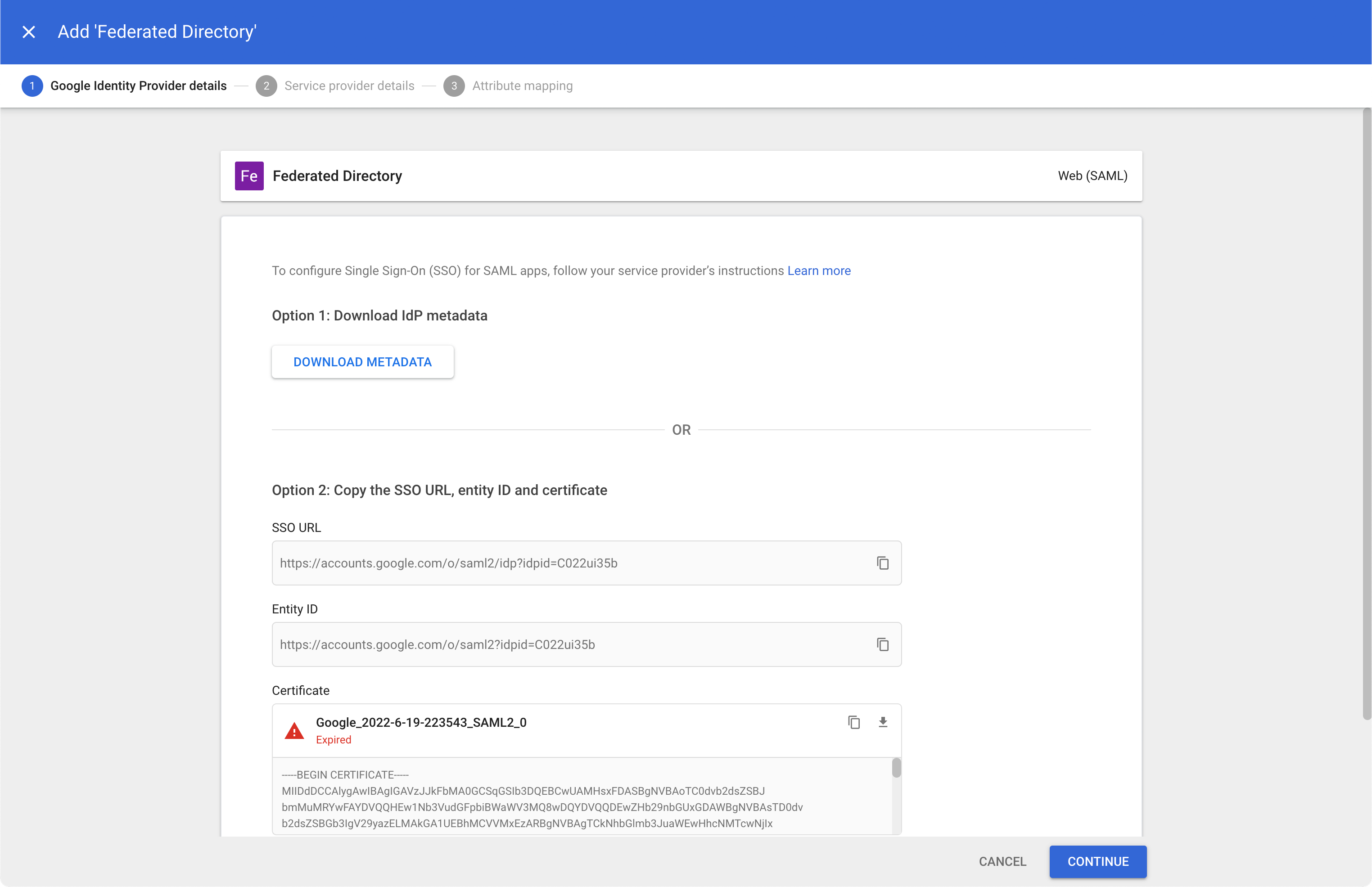 Google IdP Information dialog