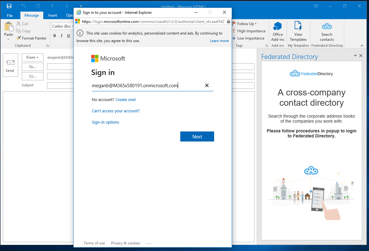 Login to Federated Directory to allow Outlook to interact with it